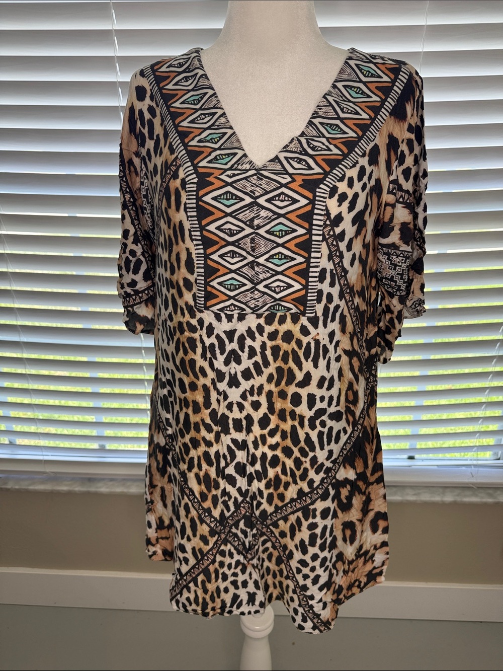 Festival Animal Print V-Neck Tunic with Geometric Yoke